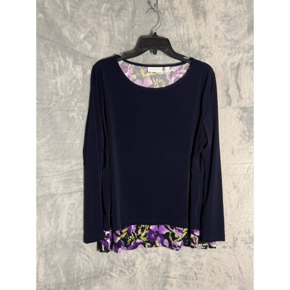 Susan Graver Navy Blue Floral Trim Long Sleeve Top Gold Button Detail Large‎